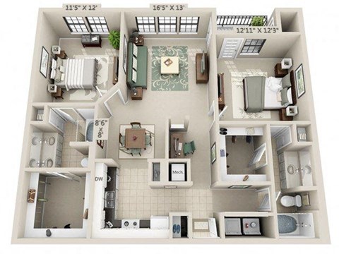 Floor plan for 2 beds, 2 baths, 1189 sqft