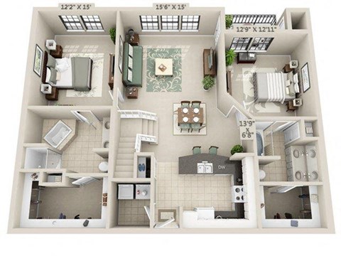 Floor plan for 2 beds, 2 baths, 1396 sqft