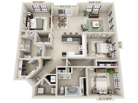 Floor plan for 3 beds, 2 baths, 1424 sqft