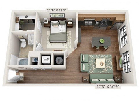 Floor plan for studio, 1 bath, 643 sqft