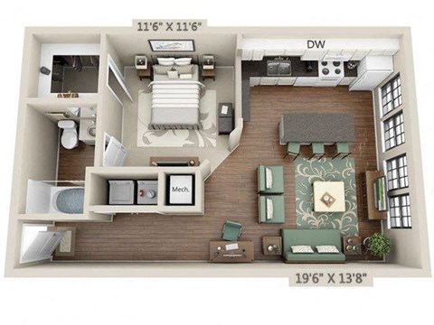 Floor plan for studio, 1 bath, 643 sqft