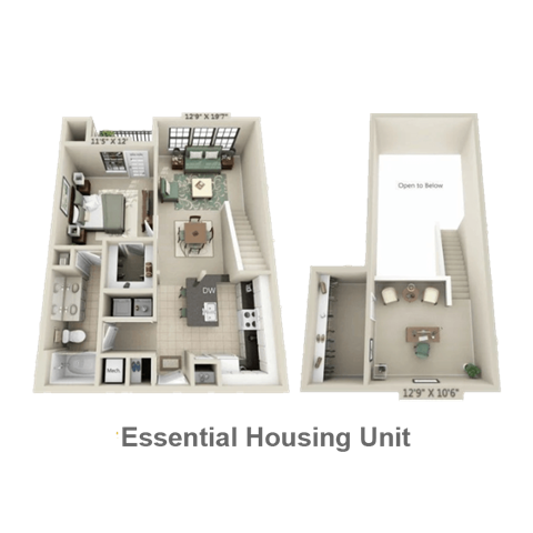 Floor plan for 1 bed, 1 bath, 975 sqft