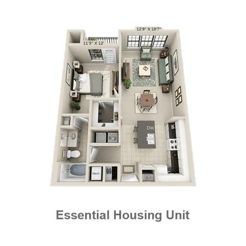 Floor plan for 1 bed, 1 bath, 756 sqft