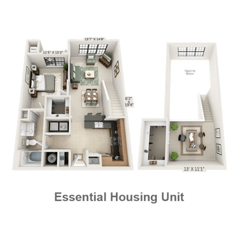 Floor plan for 1 bed, 1 bath, 963 sqft