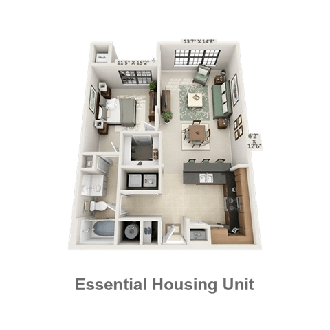 Floor plan for 1 bed, 1 bath, 764 sqft