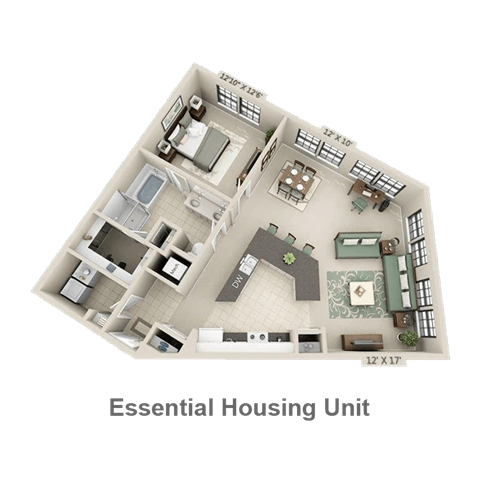 Floor plan for 1 bed, 1 bath