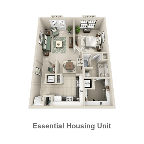 Floor plan for 1 bed, 1 bath, 816 sqft