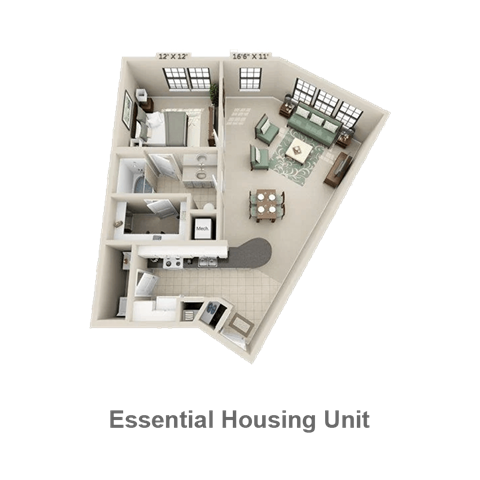 Floor plan for 1 bed, 1 bath, 845 sqft