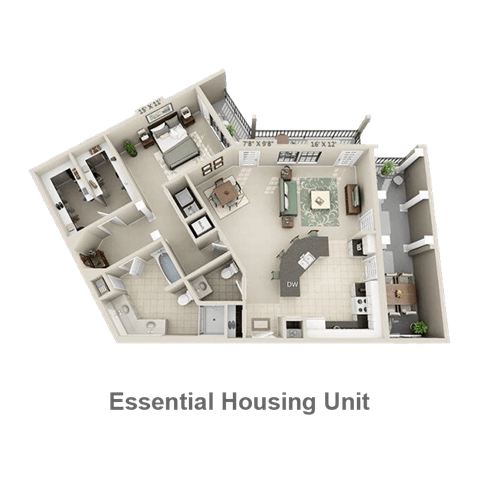 Floor plan for 1 bed, 1 bath, 839 sqft
