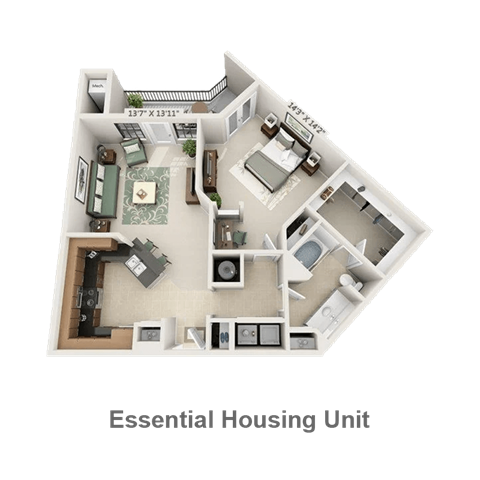 Floor plan for 1 bed, 1 bath, 907 sqft