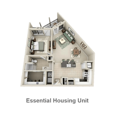 Floor plan for 1 bed, 1 bath, 839 sqft