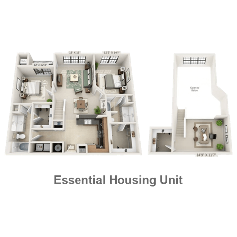 Floor plan for 2 beds, 2 baths