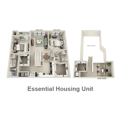 Floor plan for 2 beds, 2 baths