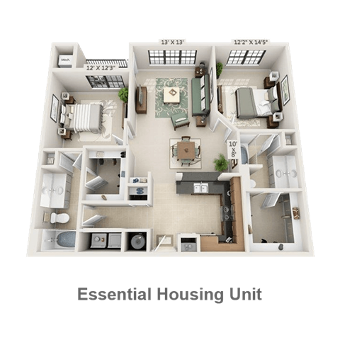 Floor plan for 2 beds, 2 baths, 1159 sqft