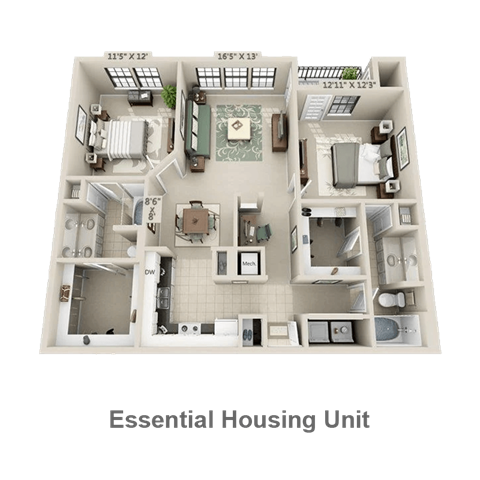 Floor plan for 2 beds, 2 baths, 1183 sqft