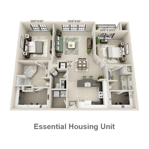 Floor plan for 2 beds, 2 baths, 1296 sqft