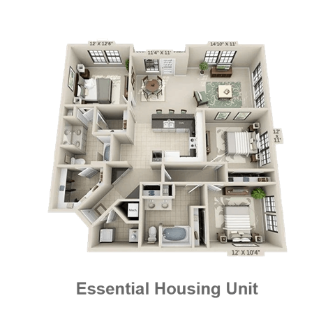 Floor plan for 3 beds, 2 baths