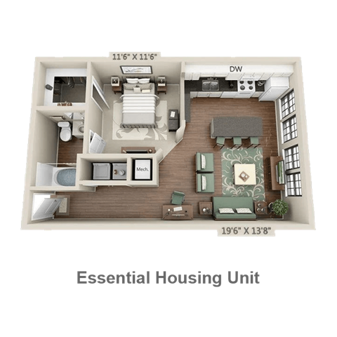 Floor plan for studio, 1 bath, 663 sqft