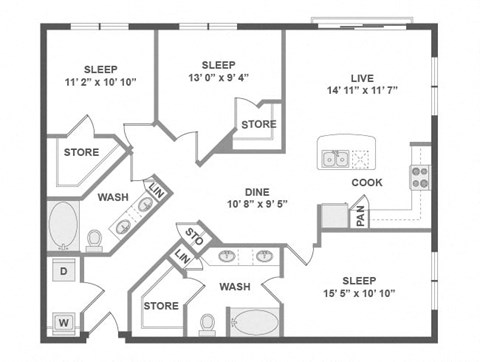 Floor plan for 3 beds, 2 baths, 1350 sqft