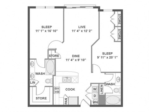 Floor plan for 2 beds, 2 baths, 1027 sqft