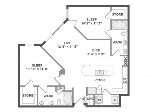 Floor plan for 2 beds, 2 baths, 1181 sqft