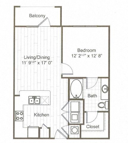 Floor plan for 1 bed, 1 bath, 672 sqft