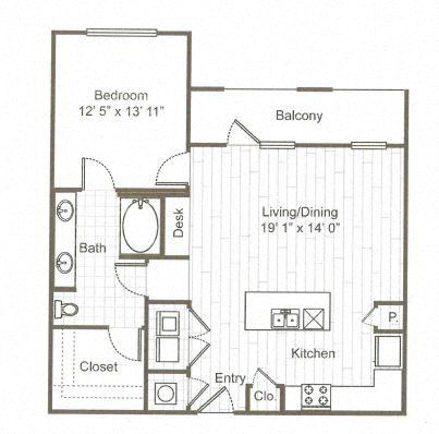 Floor plan for 1 bed, 1 bath, 879 sqft