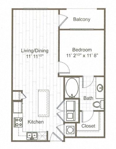 Floor plan for 1 bed, 1 bath, 698 sqft