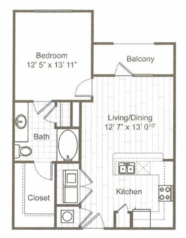 Floor plan for 1 bed, 1 bath, 723 sqft