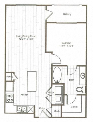 Floor plan for 1 bed, 1 bath, 723 sqft
