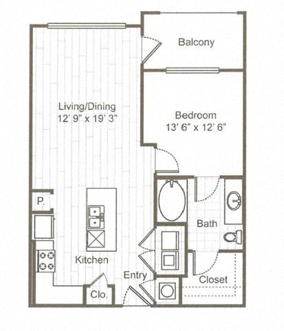 Floor plan for 1 bed, 1 bath, 763 sqft