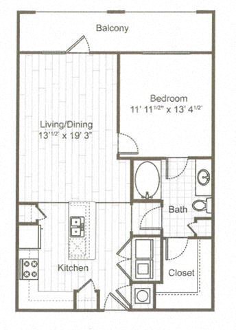 Floor plan for 1 bed, 1 bath, 825 sqft