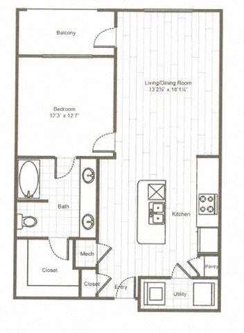 Floor plan for 1 bed, 1 bath, 860 sqft