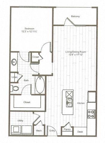 Floor plan for 1 bed, 1 bath, 877 sqft