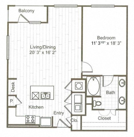 Floor plan for 1 bed, 1 bath, 978 sqft