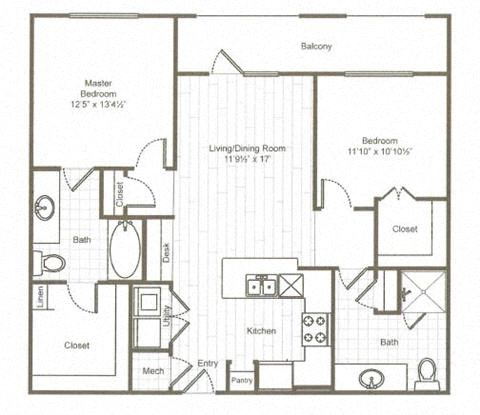 Floor plan for 2 beds, 2 baths, 1071 sqft