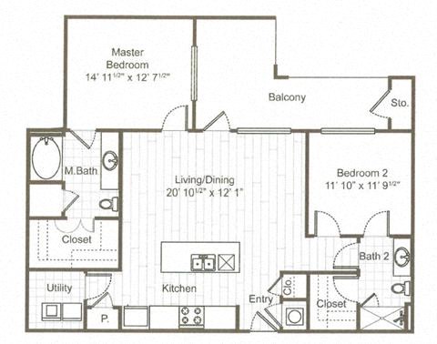 Floor plan for 2 beds, 2 baths, 1180 sqft