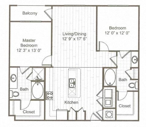 Floor plan for 2 beds, 2 baths, 1236 sqft