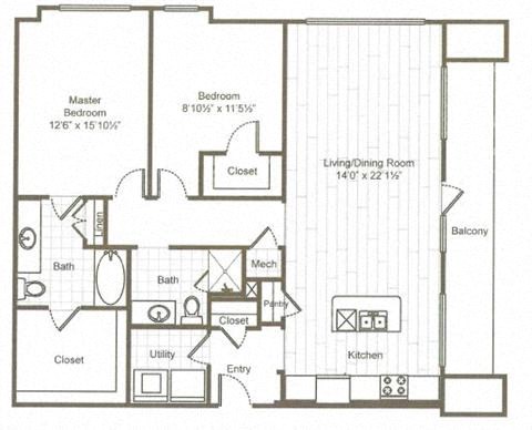 Floor plan for 2 beds, 2 baths, 1335 sqft
