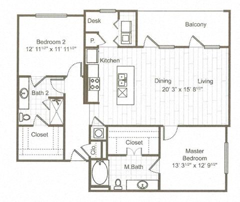Floor plan for 2 beds, 2 baths, 1272 sqft