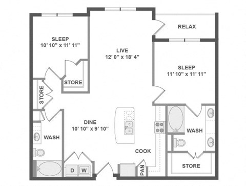 Floor plan for 2 beds, 2 baths, 1117 sqft