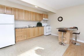 Hamilton apartment for rent - a kitchen with wooden cabinets and a white refrigerator