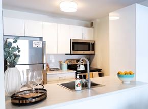 Ottawa apartment for rent - A modern kitchen with a white fridge, microwave, and a bowl of fruit on the counter.