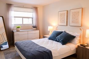 Ottawa apartment for rent - A bedroom with a bed, nightstand, and window.