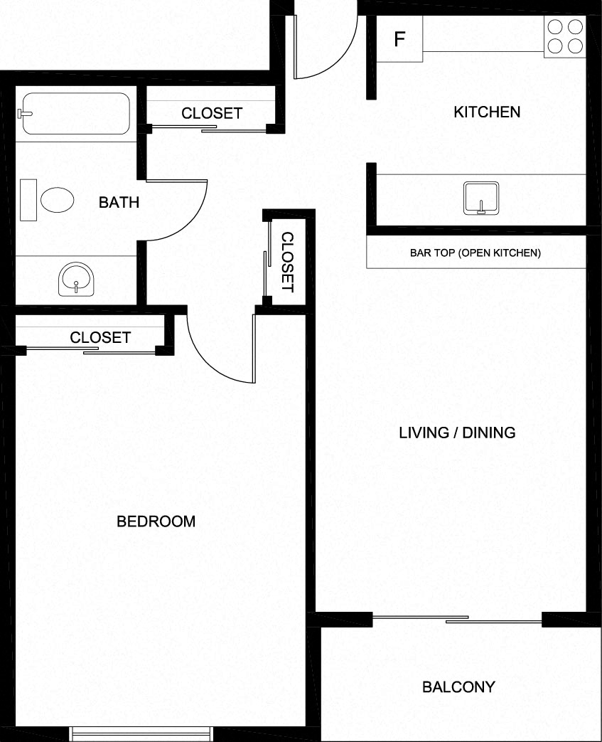 Floor plan for 1 bed, 1 bath, 651 sqft