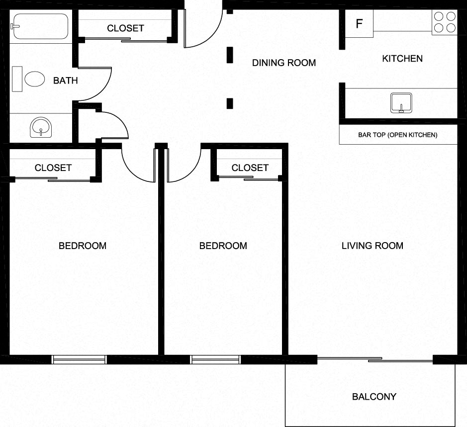 Floor plan for 2 beds, 1 bath, 871 sqft