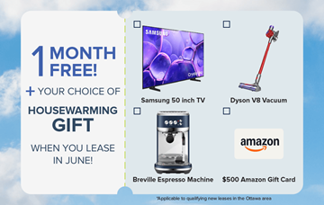 Ottawa apartment for rent - A promotional image offering a free month on a lease with a choice of a Samsung 50 inch TV, Dyson V8 vacuum, Breville Espresso Machine, or a $500 Amazon