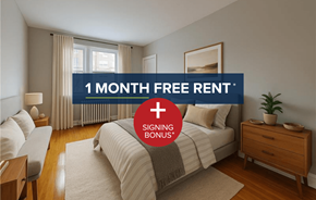 Ottawa apartment for rent - A bedroom with a bed, nightstand, and chair, advertising a 1 month free rent and signing bonus.