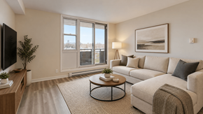 Ottawa apartment for rent - A living room with a couch, a coffee table, and a flat screen TV.