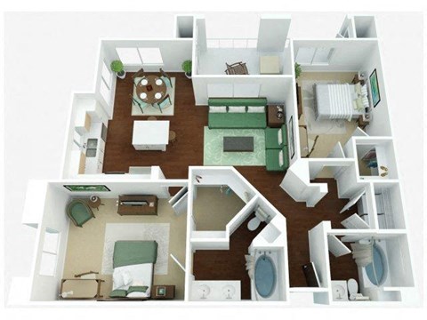 Floor plan for 2 beds, 2 baths, 1169 sqft